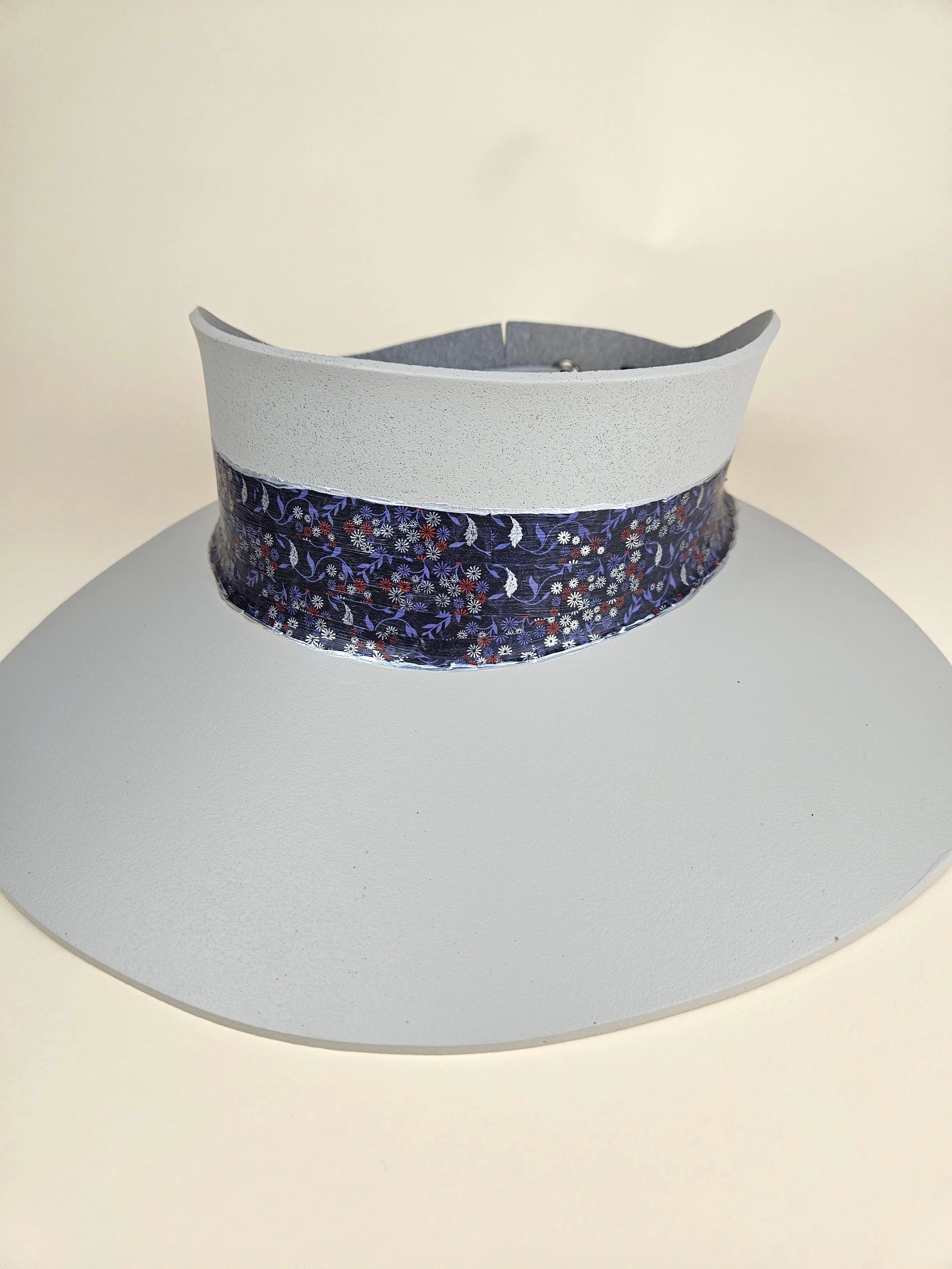 Tall Gray "LadyEVA" Visor Hat with Blue Purple, Red and Silver Floral Band