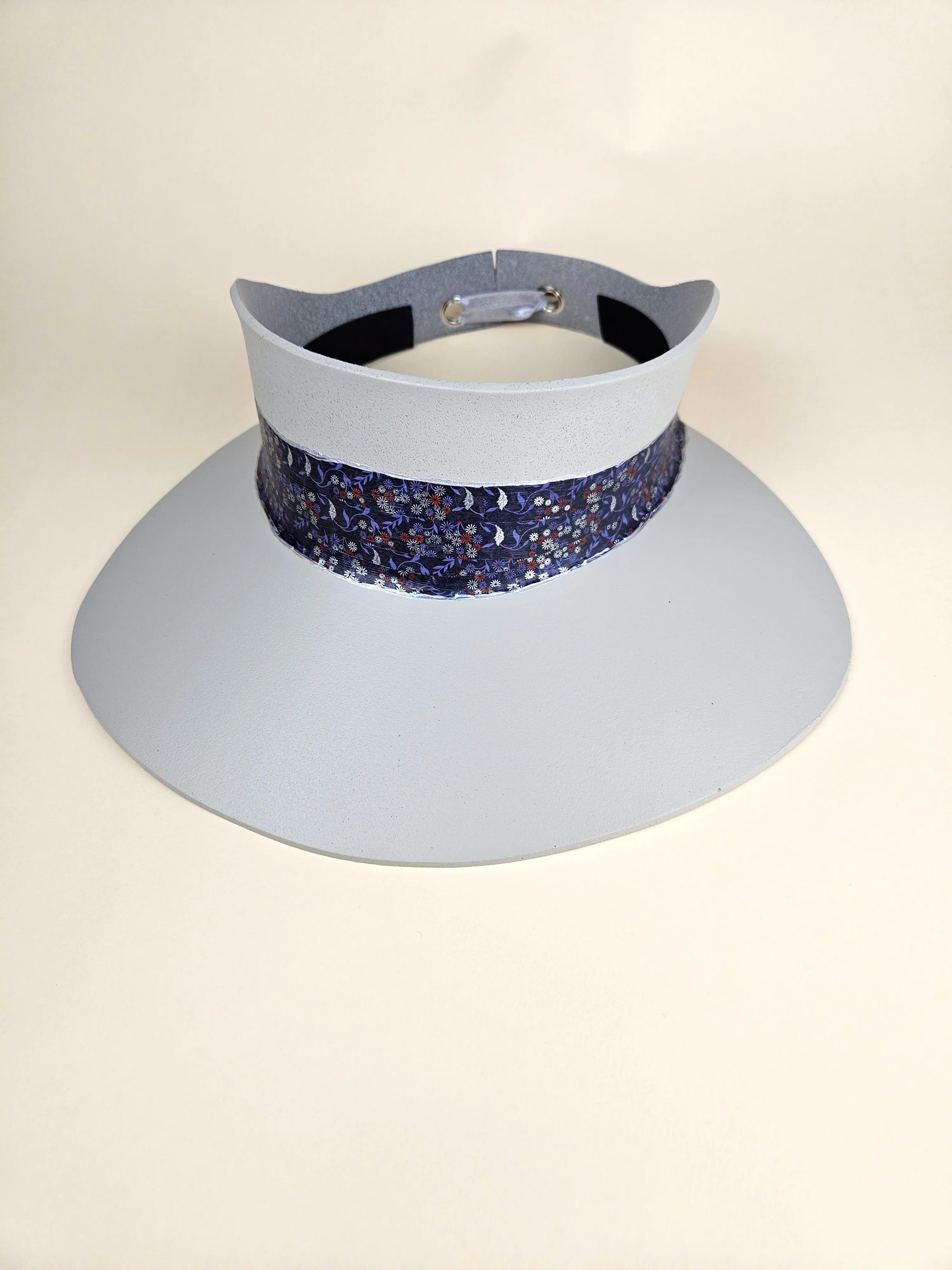 Tall Gray "LadyEVA" Visor Hat with Blue Purple, Red and Silver Floral Band