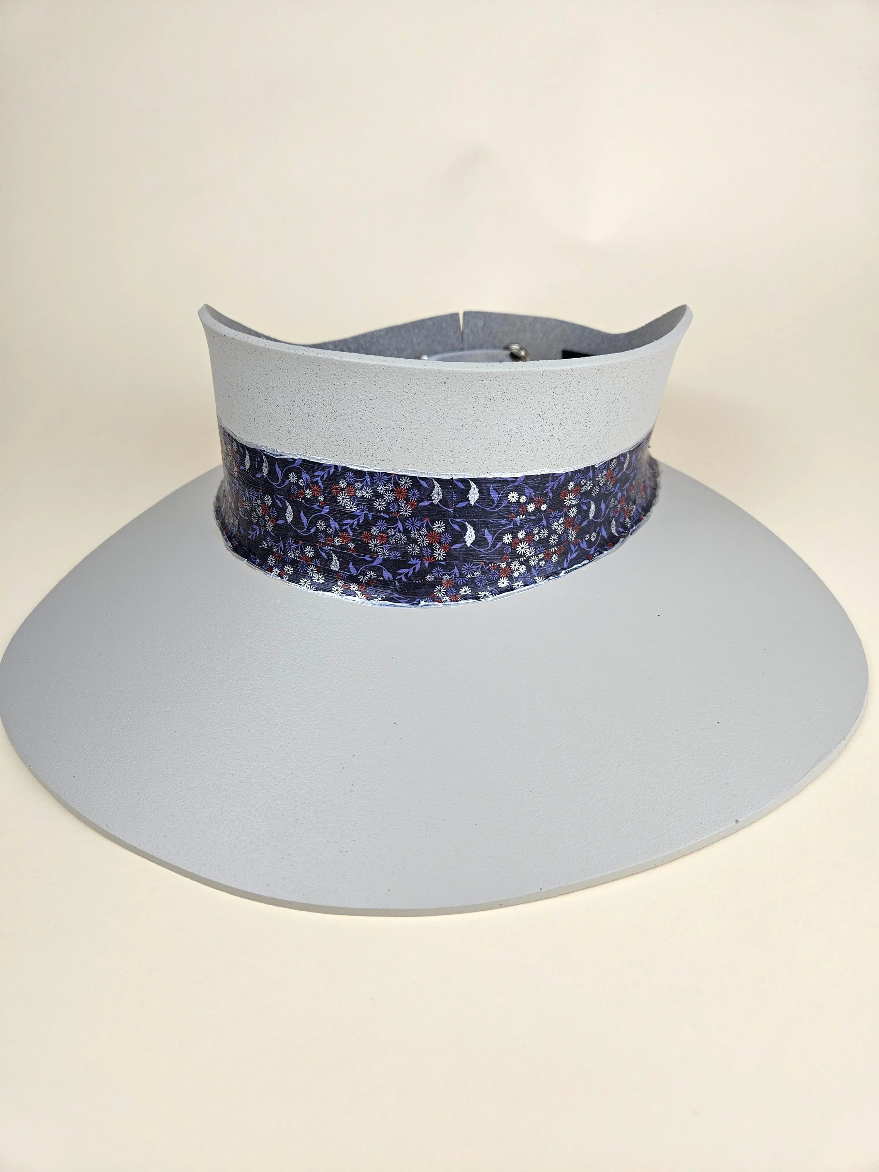 Tall Gray "LadyEVA" Visor Hat with Blue Purple, Red and Silver Floral Band