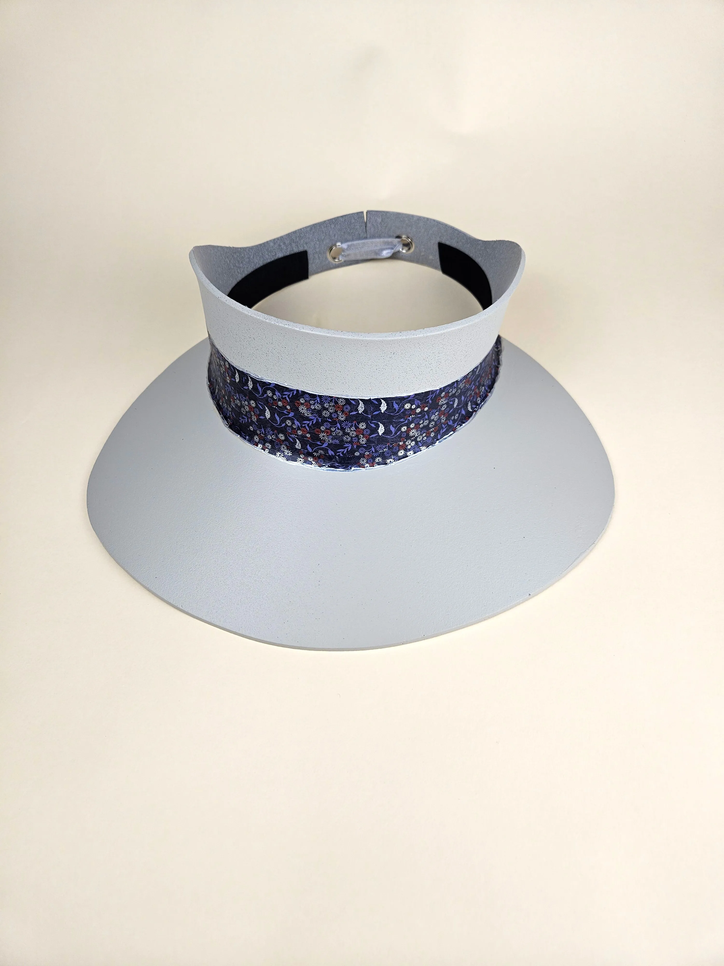 Tall Gray "LadyEVA" Visor Hat with Blue Purple, Red and Silver Floral Band