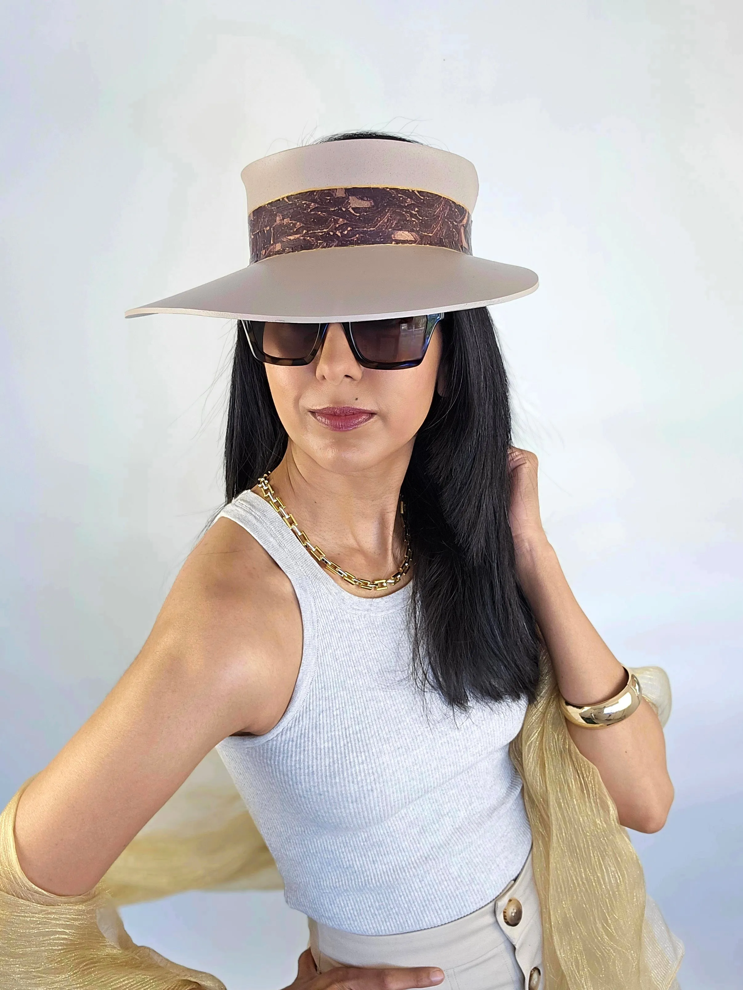 Tall Peach Gray "LadyEVA" Visor Hat with Dark Purple Marbled Band