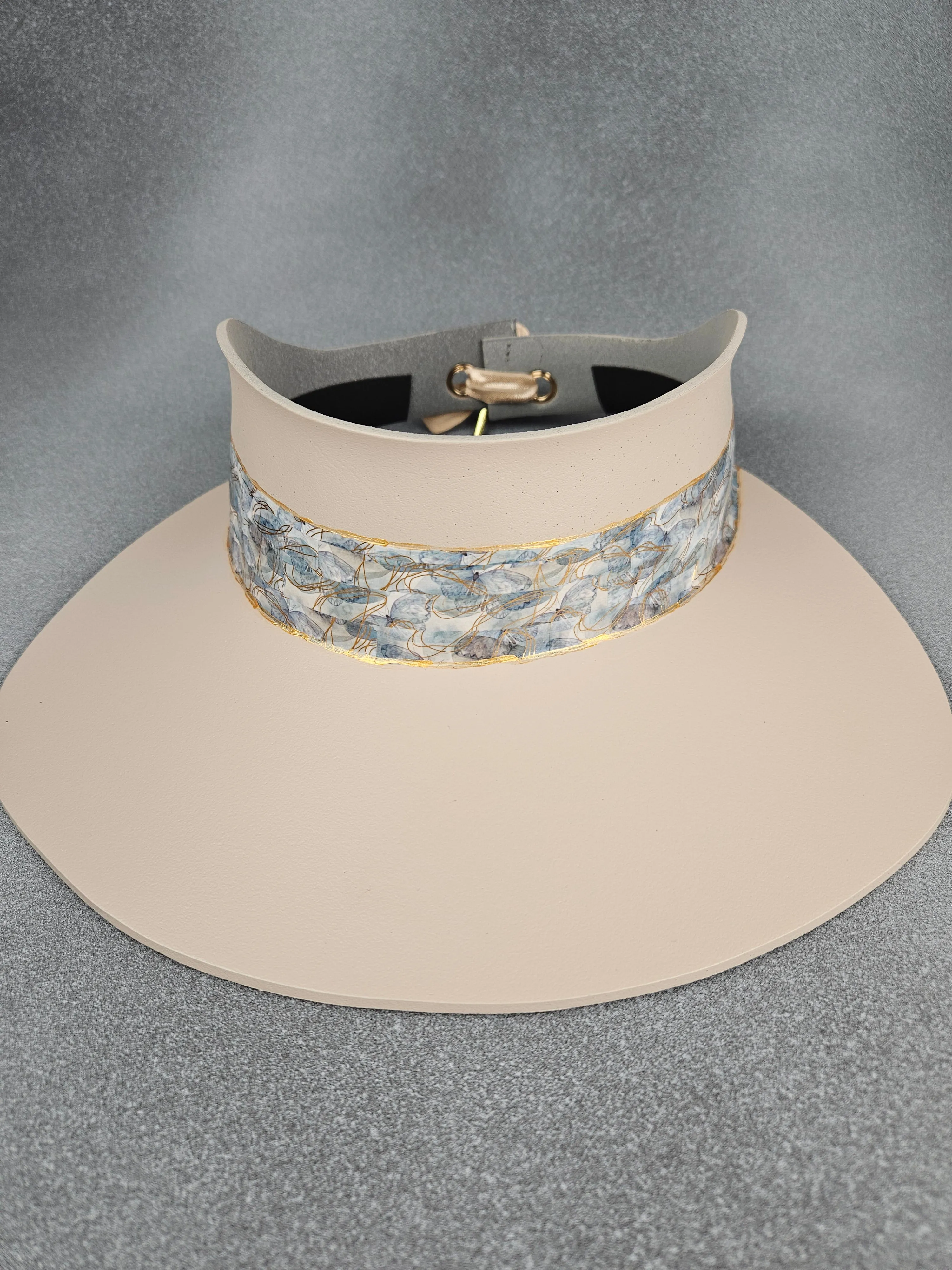 Tall Peachy Beige "LadyEVA" Visor Hat with Blue Abstract Butterfly Band