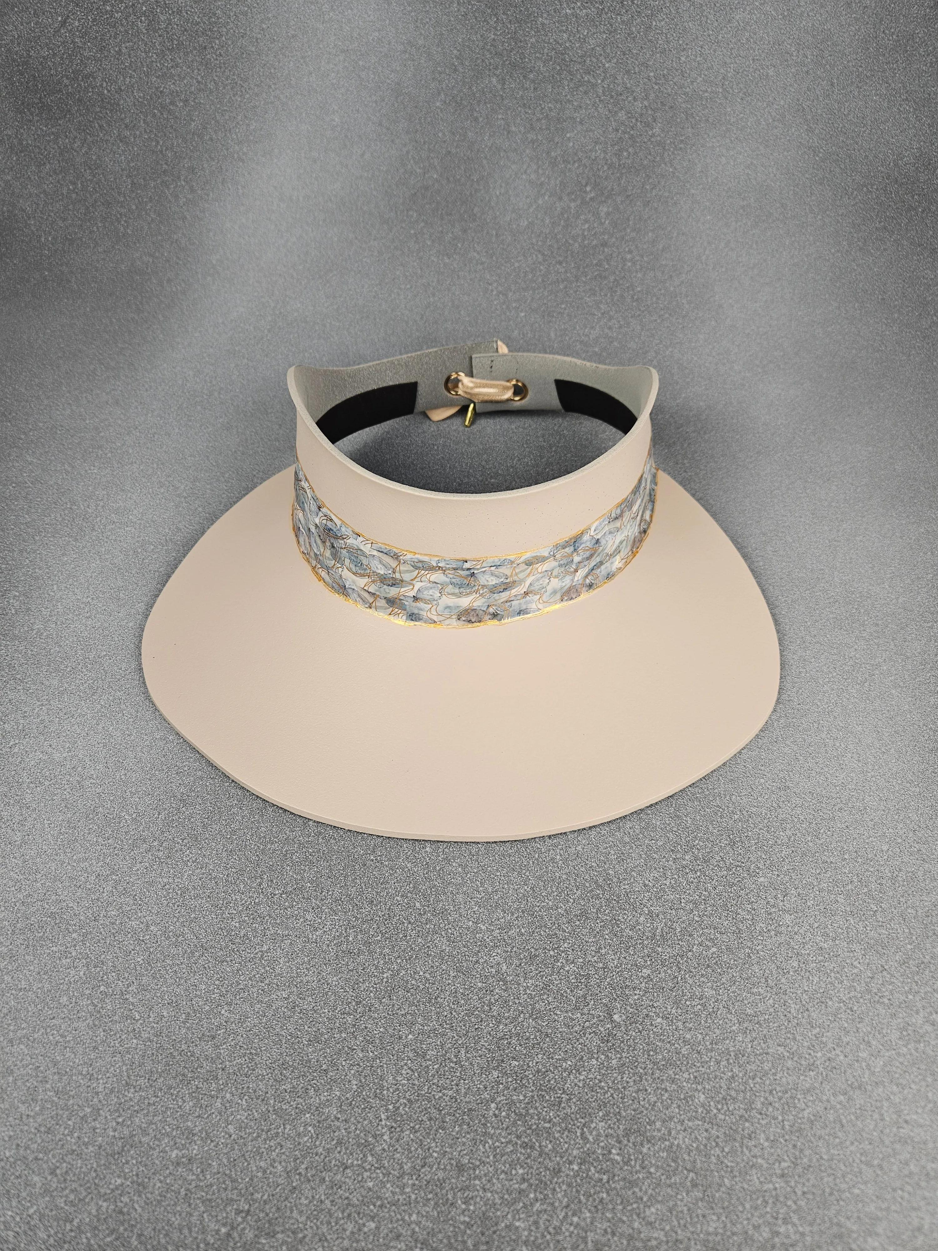 Tall Peachy Beige "LadyEVA" Visor Hat with Blue Abstract Butterfly Band