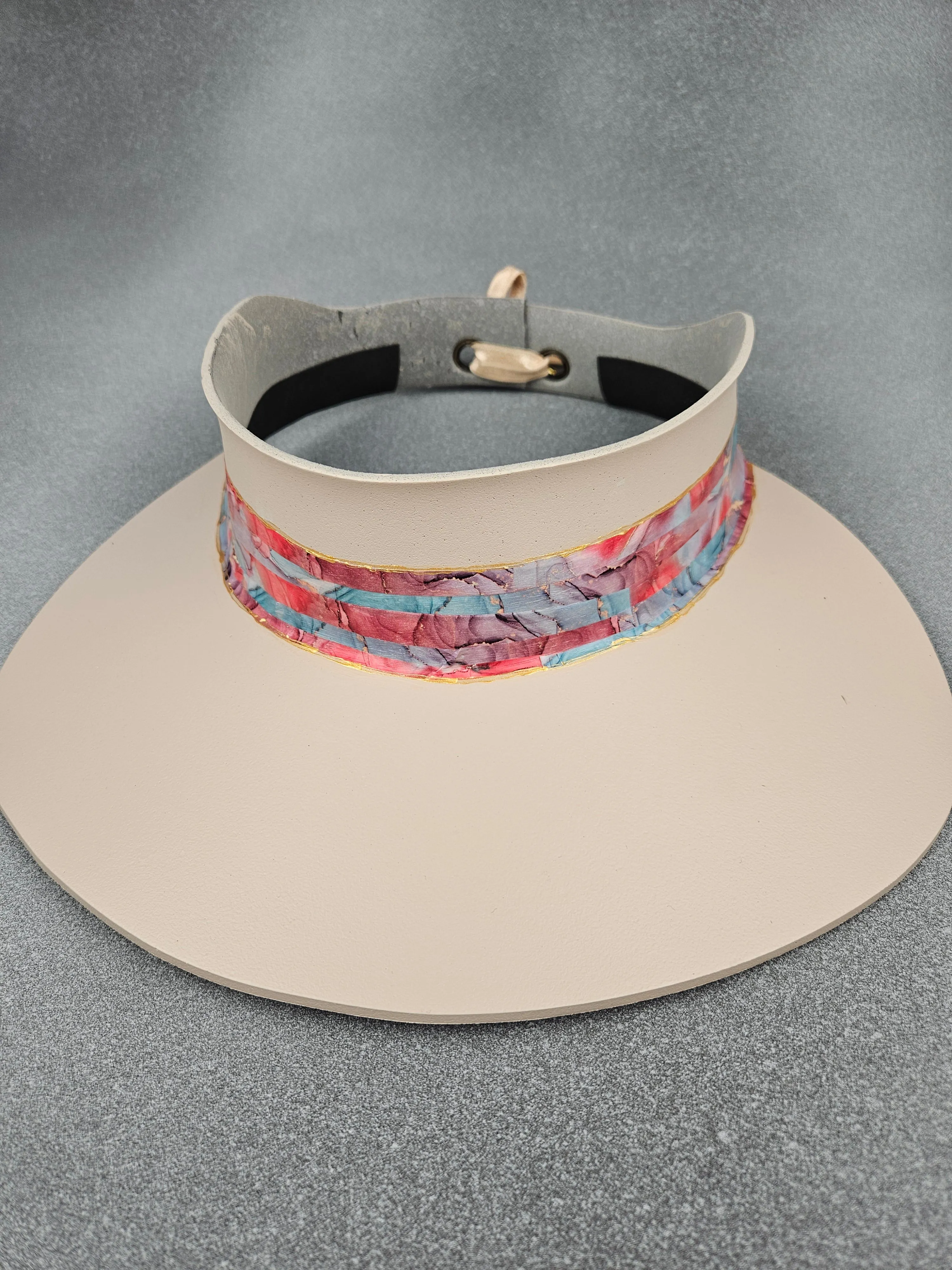 Tall Peachy Beige "LadyEVA" Visor Hat with Bright and Bold Multicolored Marbled Band