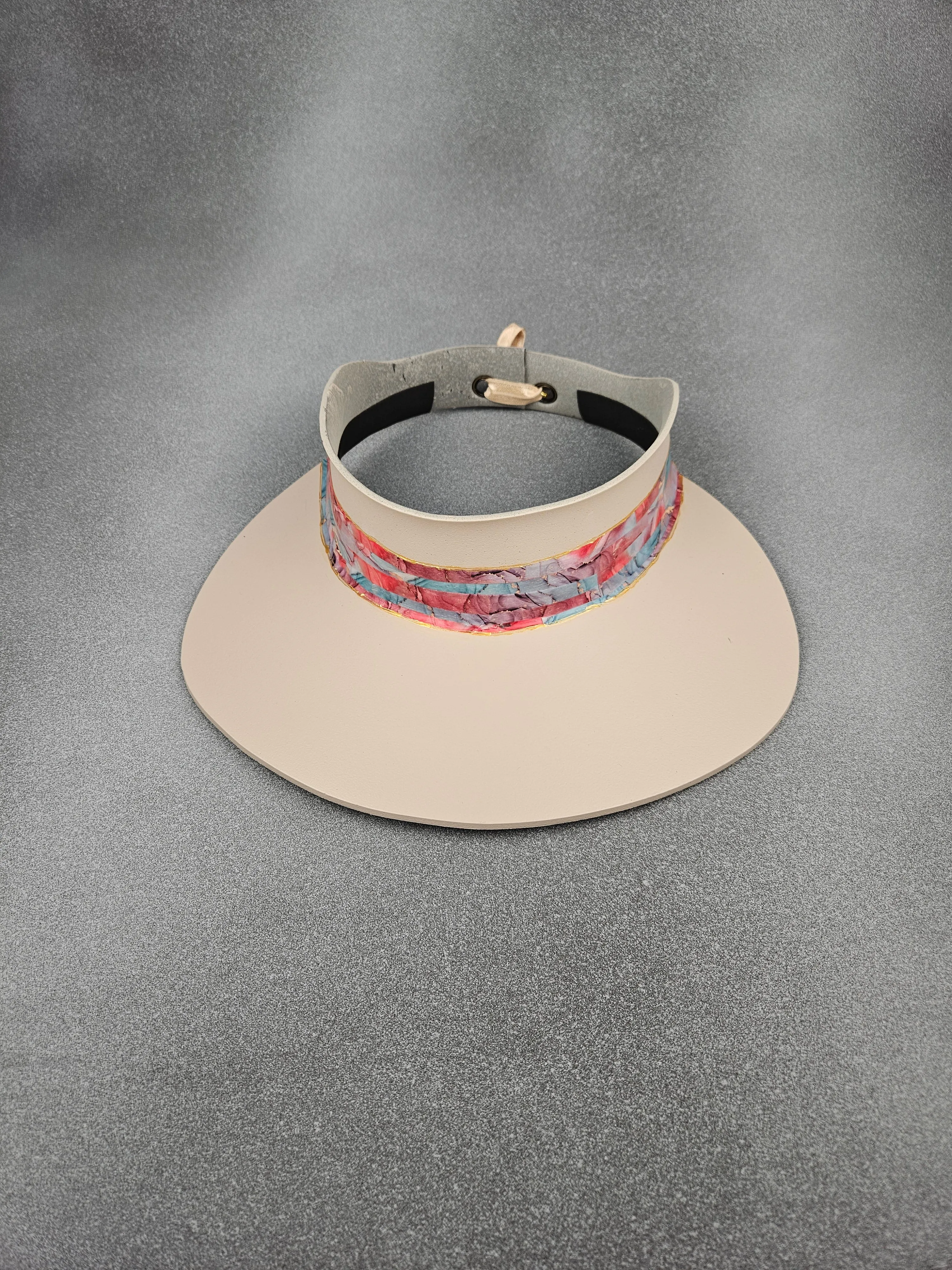 Tall Peachy Beige "LadyEVA" Visor Hat with Bright and Bold Multicolored Marbled Band