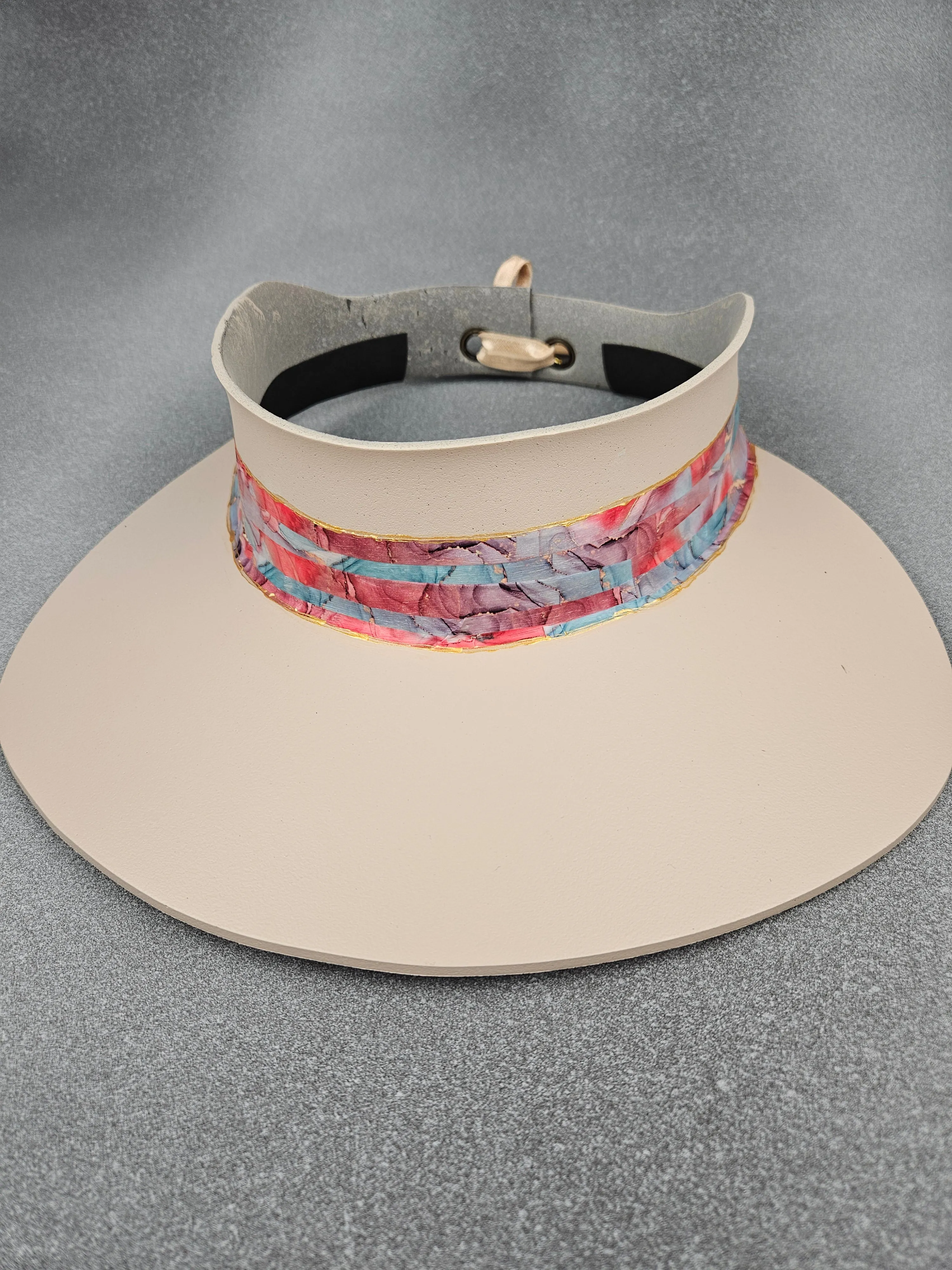 Tall Peachy Beige "LadyEVA" Visor Hat with Bright and Bold Multicolored Marbled Band