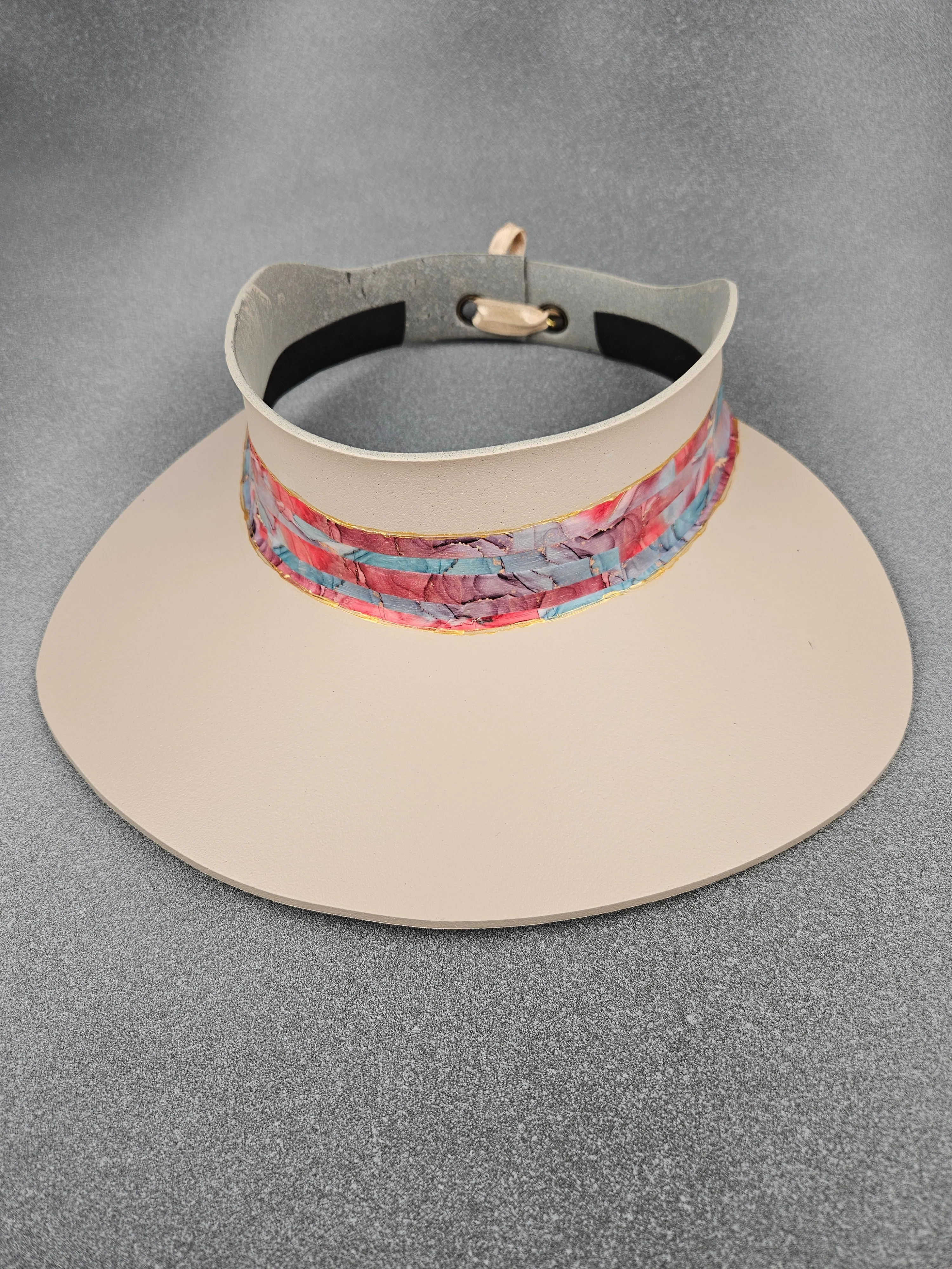 Tall Peachy Beige "LadyEVA" Visor Hat with Bright and Bold Multicolored Marbled Band