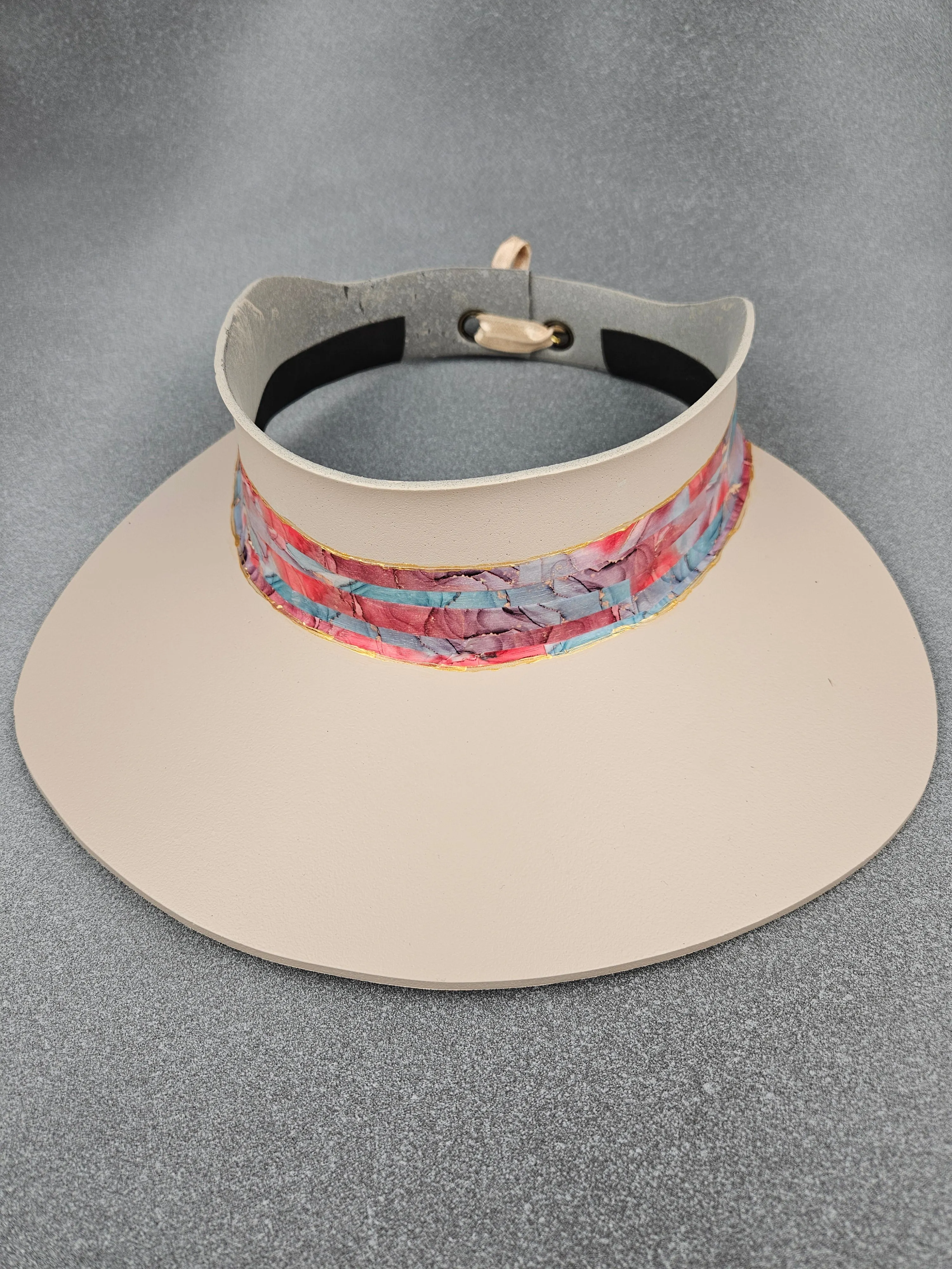 Tall Peachy Beige "LadyEVA" Visor Hat with Bright and Bold Multicolored Marbled Band