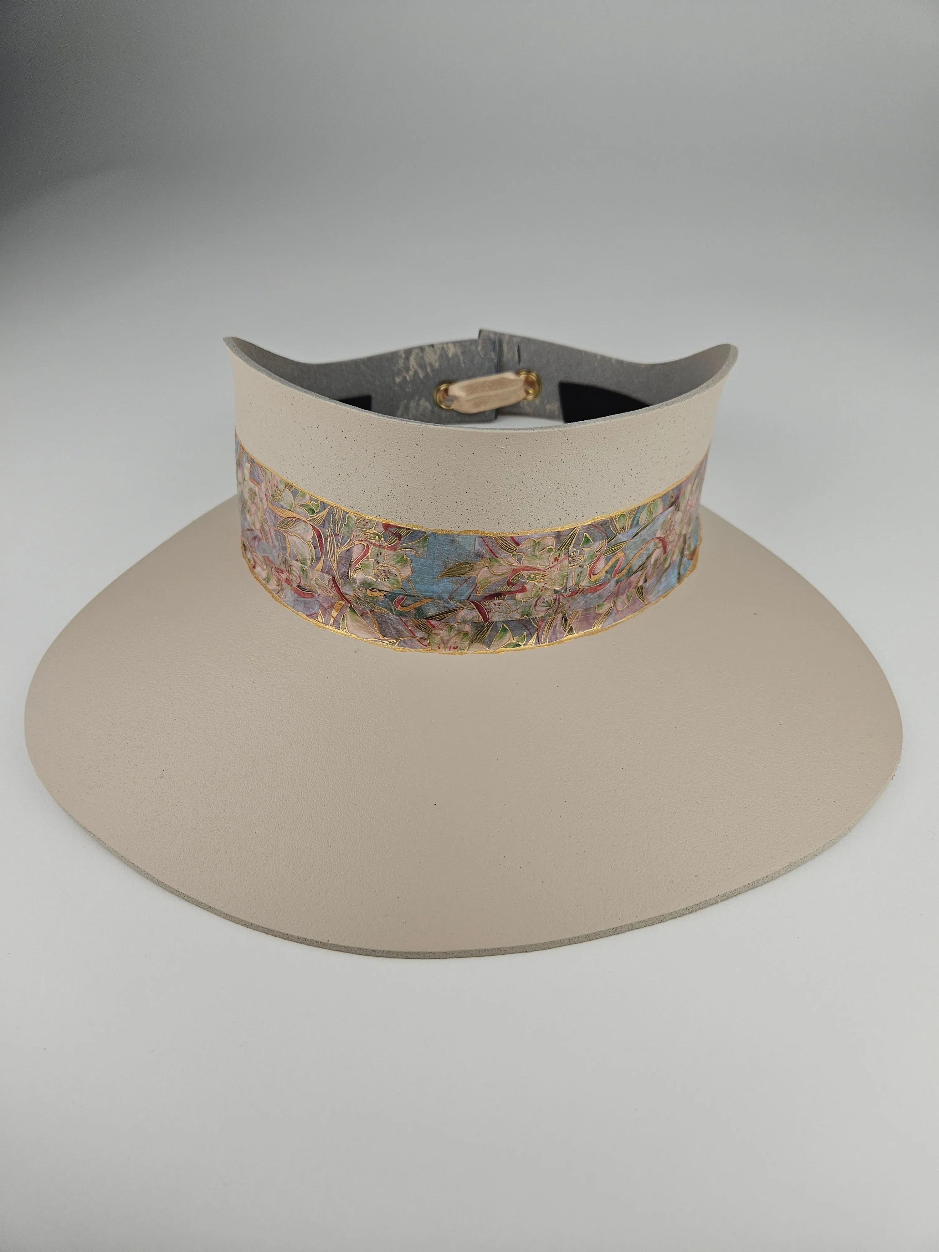 Tall Peachy Beige "LadyEVA" Visor Hat with Multicolor Golden Floral Band
