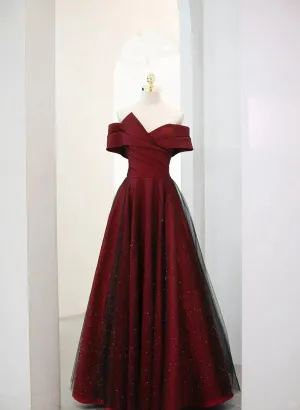 Uniwim 2024 A-line Off Shoulder Wine Red Tulle Long Party Dress, Wine Red and Black Prom Dress