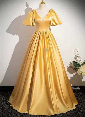 Uniwim 2024 A-line Yellow Satin V-neckline Long Prom Dress, Yellow Satin Evening Dress