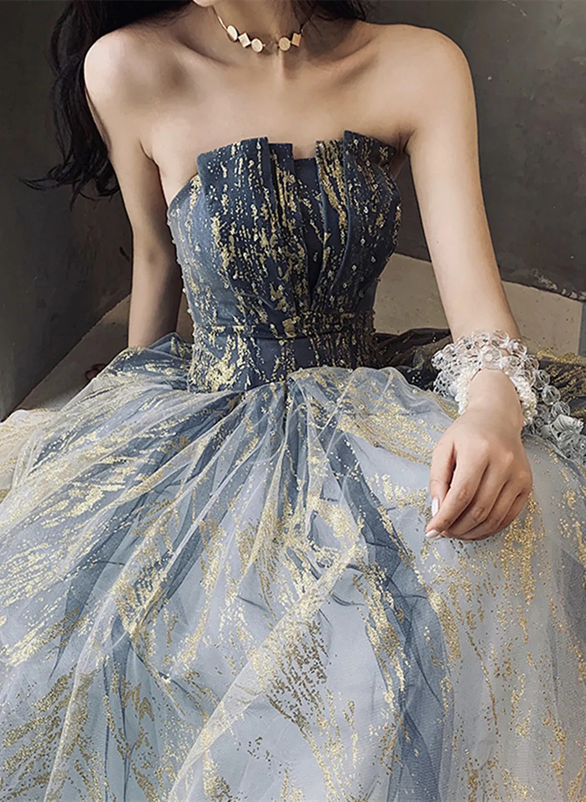 Uniwim 2024 Beautiful Blue A-line Tulle Beaded Long Party Dress, Blue Prom Dress