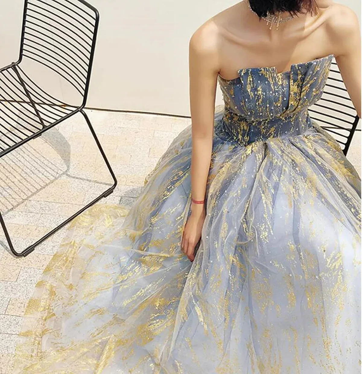 Uniwim 2024 Beautiful Blue A-line Tulle Beaded Long Party Dress, Blue Prom Dress