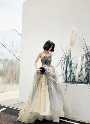 Uniwim 2024 Beautiful Blue A-line Tulle Beaded Long Party Dress, Blue Prom Dress