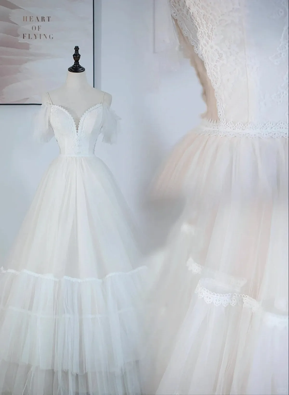 Uniwim A-line Ivory Tulle V-neckline Straps Off Shoulder Party Dress, A-line Tulle Eveing Dress