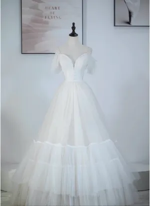 Uniwim A-line Ivory Tulle V-neckline Straps Off Shoulder Party Dress, A-line Tulle Eveing Dress