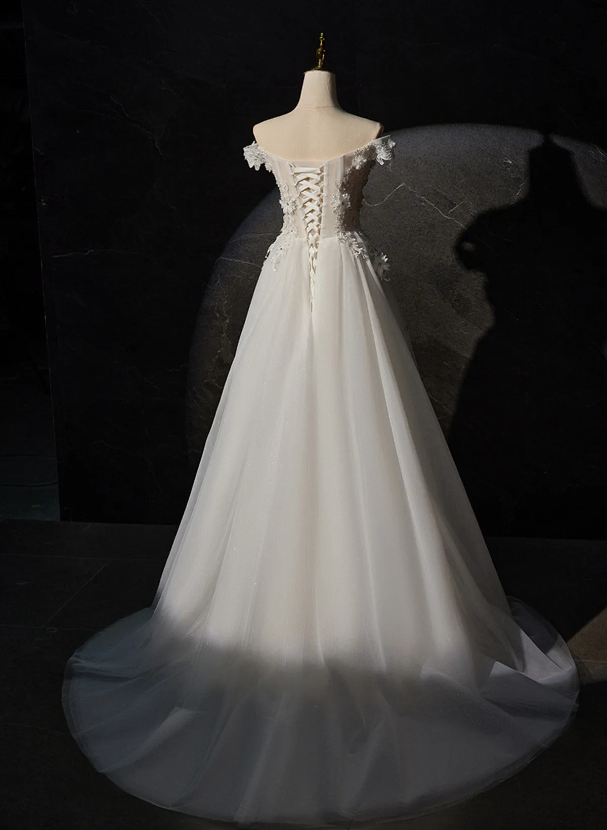 White Tulle with Lace Off Shoulder Long Wedding Party Dress, White Long Prom Dress