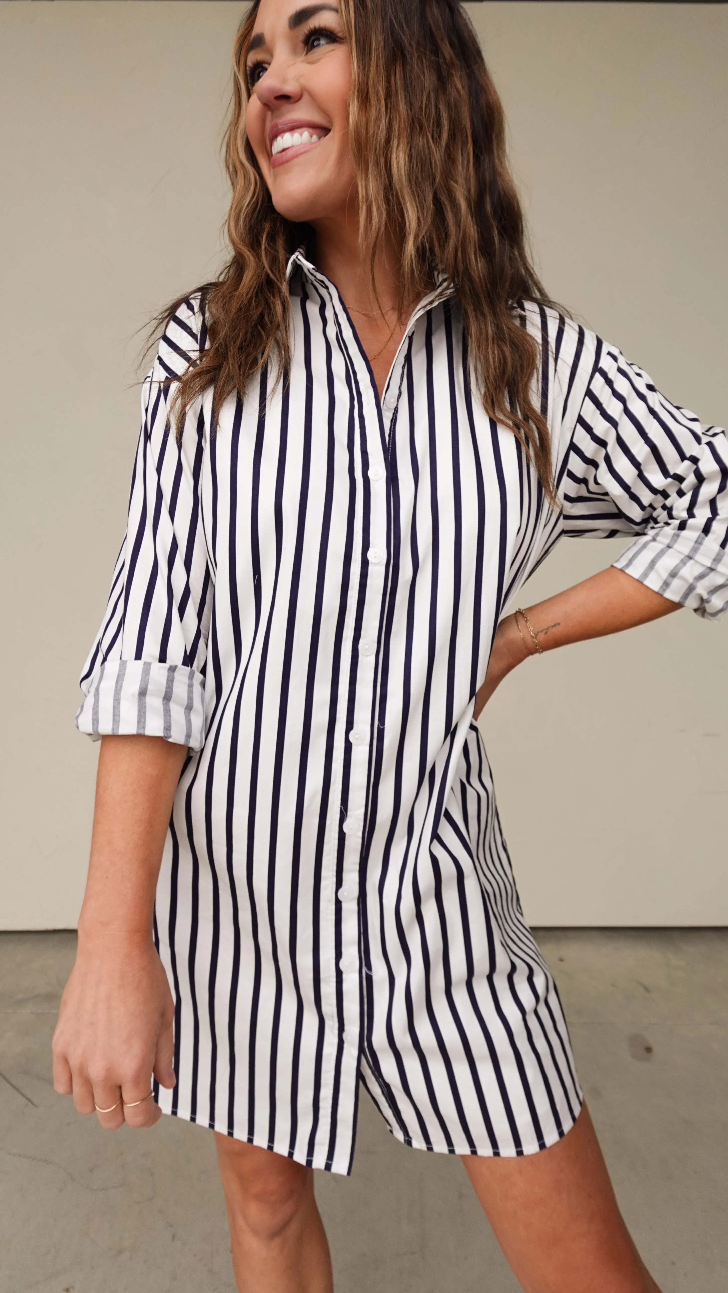 White/Navy Striped Shirt Dress
