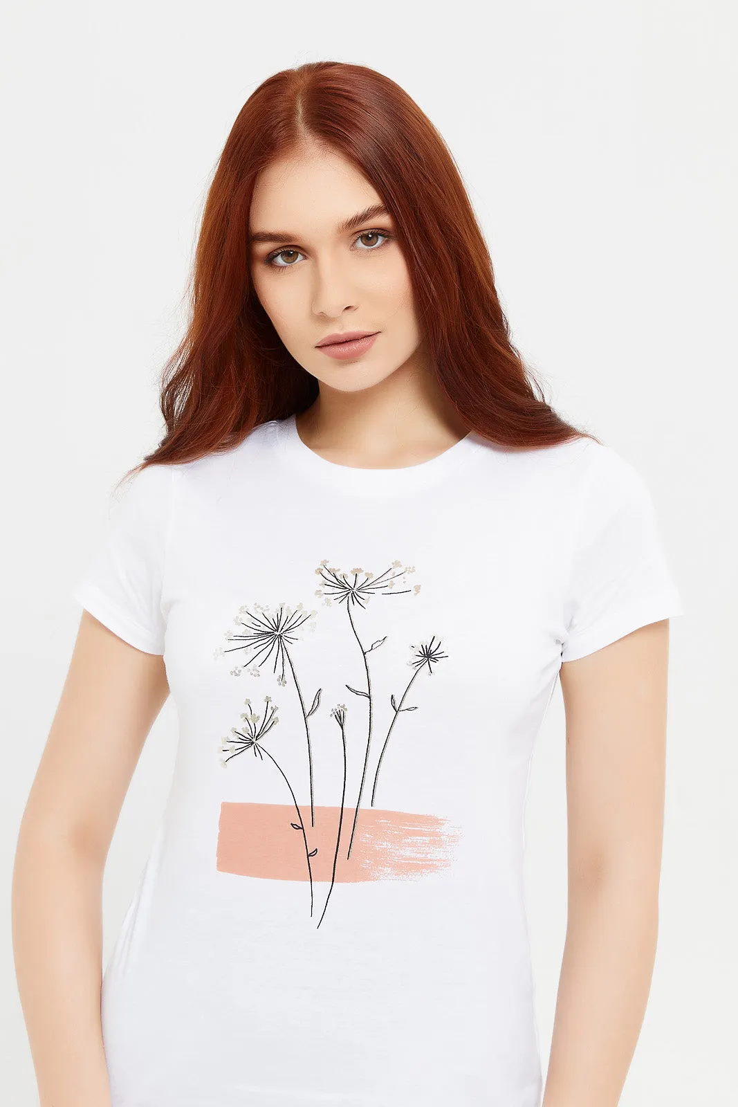 Women Cream Floral Foil T-Shirt